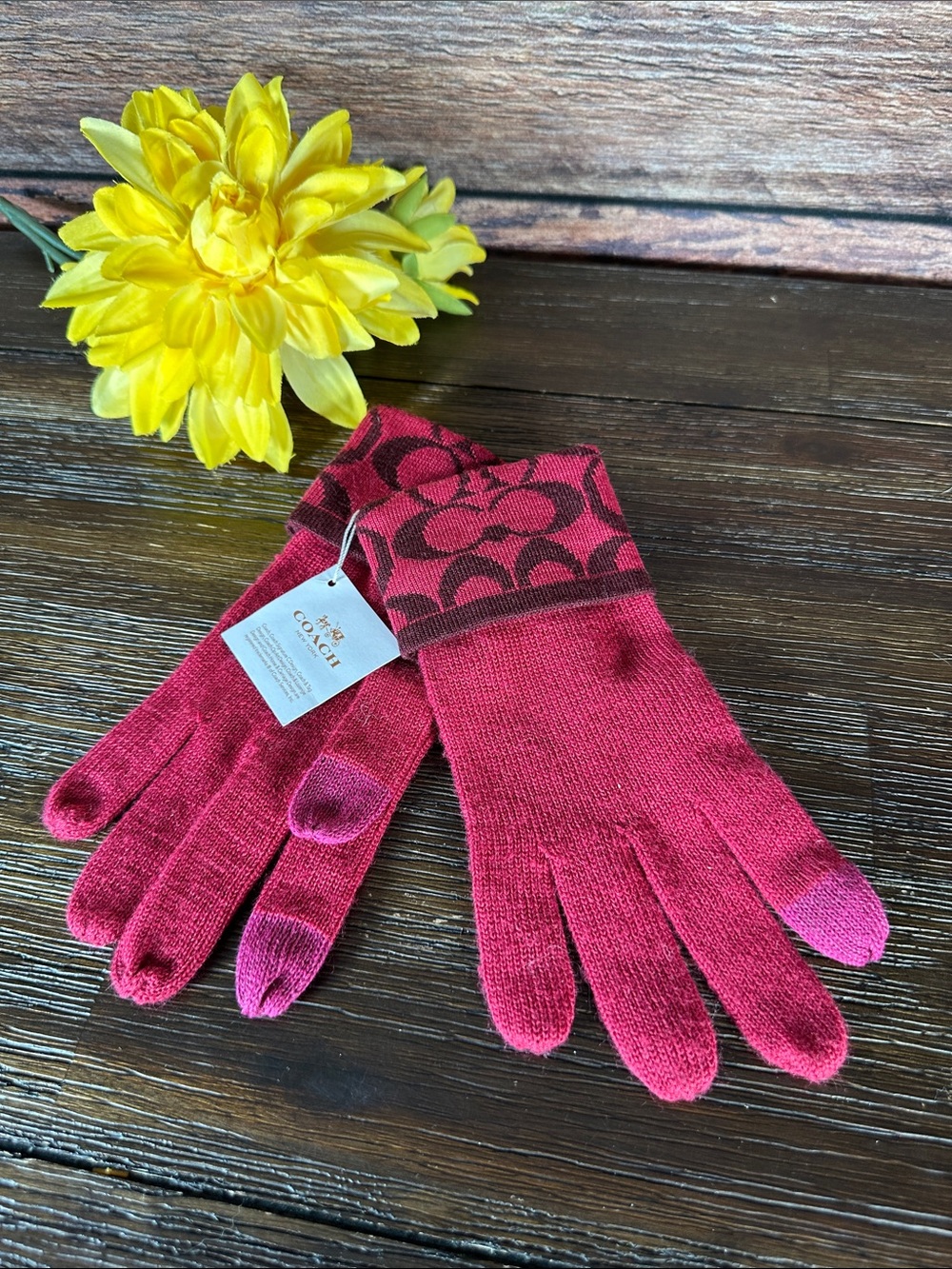 NWT! Coach Pink Logo Knit Touchscreen Gloves